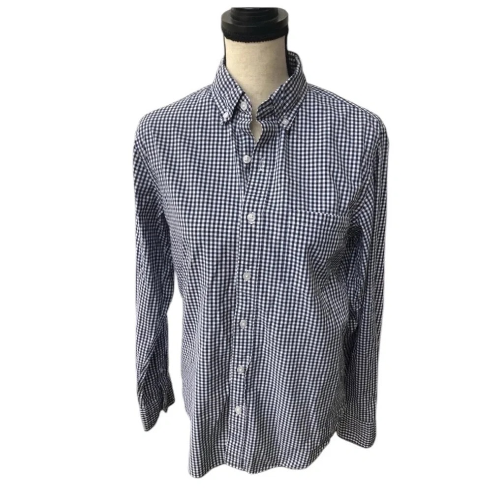 J. CREW Men's Slim Fit Size Large Navy and White Plaid Button Down Shirt Oxford